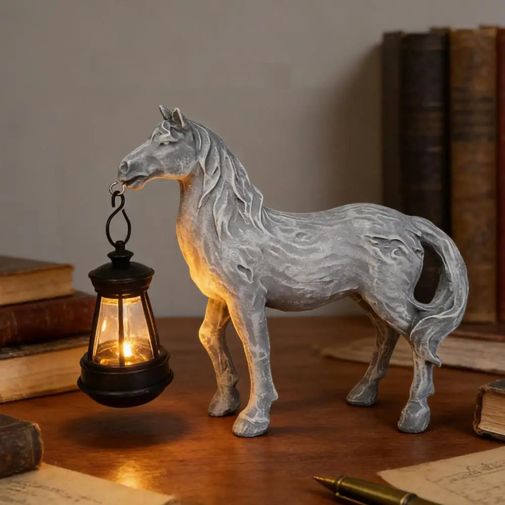 Solar Garden Horse Figurine Resin Horse Sculpture with Solar Lantern Desktop Retro Horse Statue for Home Indoor Outdoor Decor