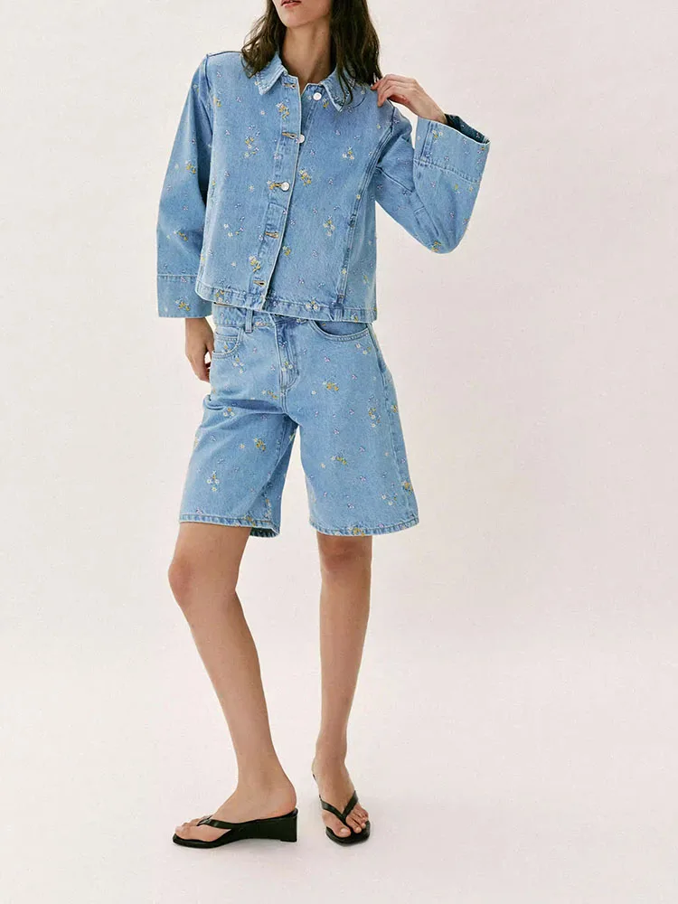 

Spring 2026 Women's New Casual Denim Jacket 427 Short Cuffed Pants 7147035 Floral Pattern Long Sleeve Button Closure Coat