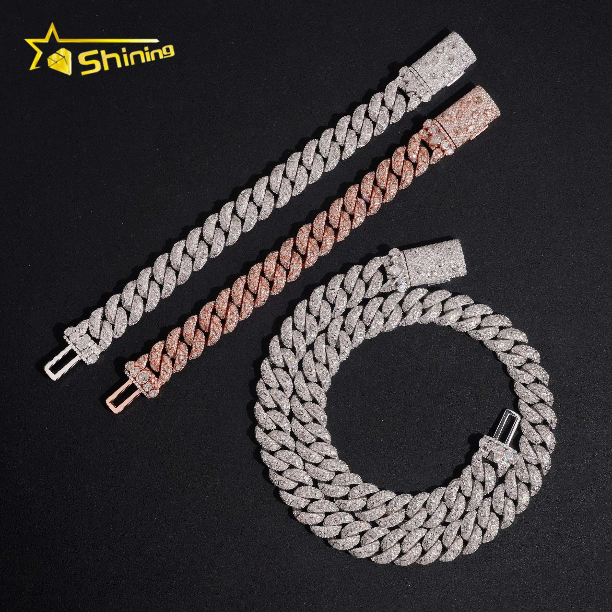Bezel Fire Design Iced Out Jewelry 15mm Moissanite Cuban Link Chain Hip Hop 925 Silver Rose Gold Cuban Link Chain Fancy Cut..