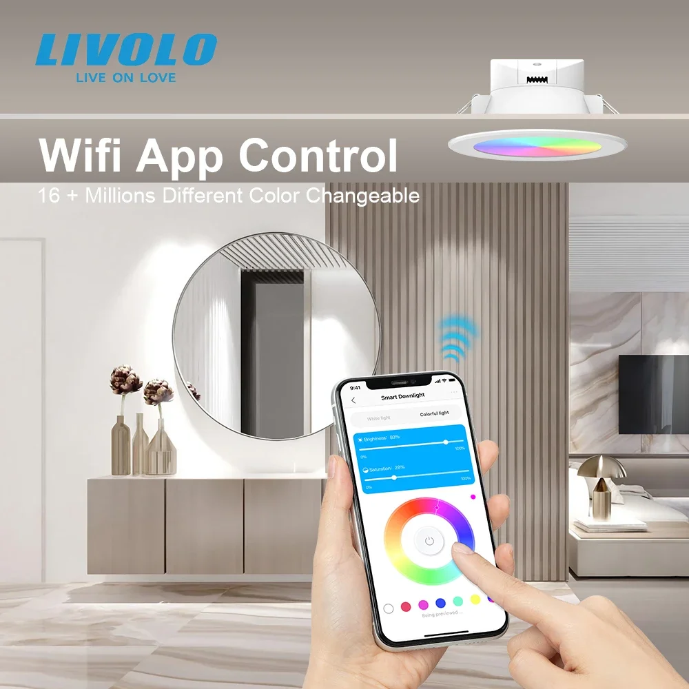 LIVOLO-WiFi Inteligente Recesso LED Downlights, Lâmpada Quente, RGB + CCT, Colorido, Mutável para App, Google Home, Alexa, Contro