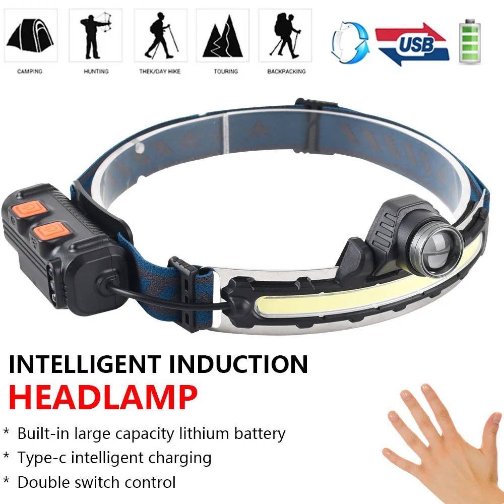 Camping Headlight Wave Sensing COB Headlight Outdoor Cycling Light USB Charging Night Running Light LED Headlight