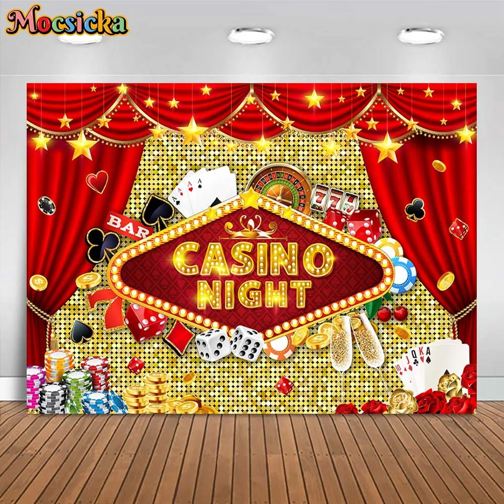 Mocsicka Casino Night Photography Backdrops Gold Sequin Wall Red Curtain Poker Dice Adult Birthday Party Photo Background Poster