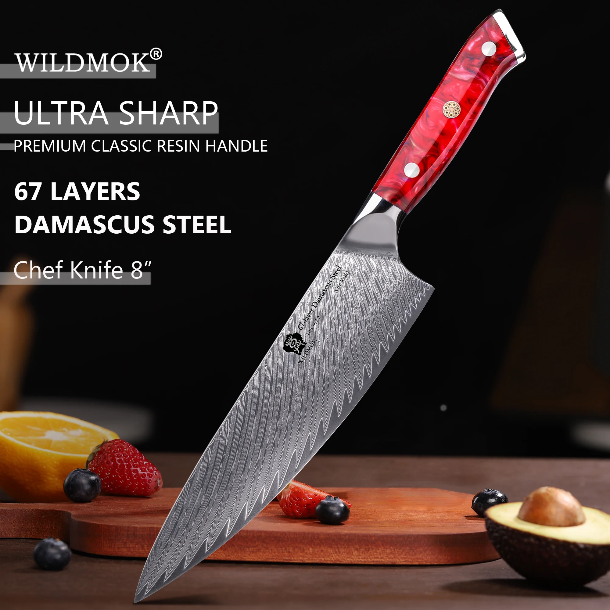 WILDMOK 8 Inch 67 Layer Damascus VG10 Steel Chef Knife, Sharp Knives Kitchen Cooking Knife with Resin Handle Kitchen Knives