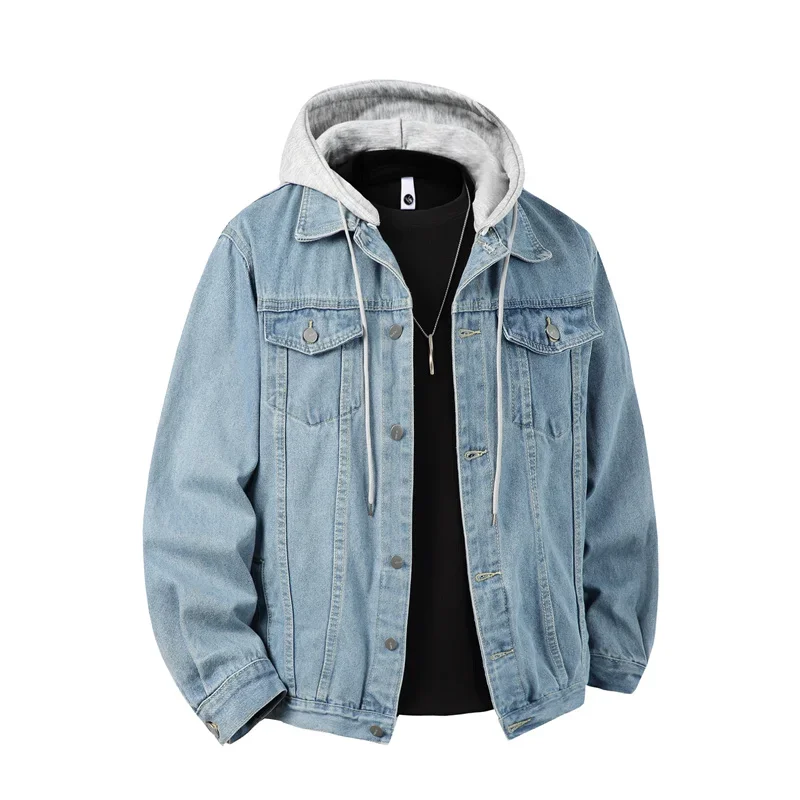 Autumn Winter Hooded Denim Jackets Men Casual Streetwear Outerwear Solid Color Loose Couple Denim Coats Hat Detachable Jacket