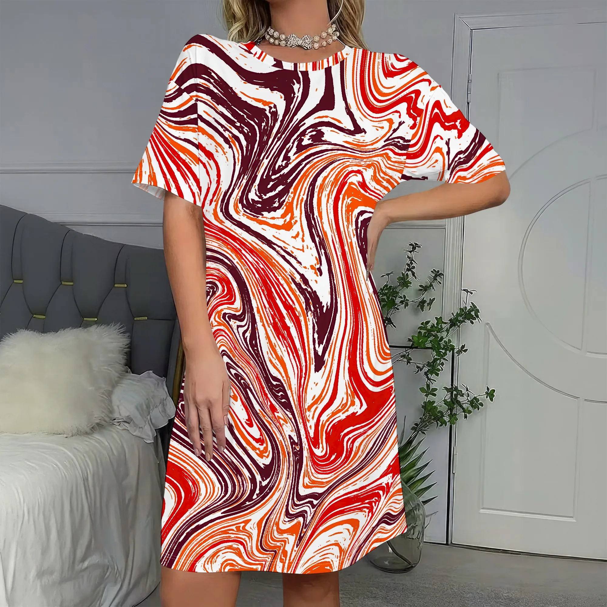 

Marble Print Short Sleeve Dress, Abstract Swirl Pattern Tunic Dress, Boho Casual Beach Wear for Women, S-2XL