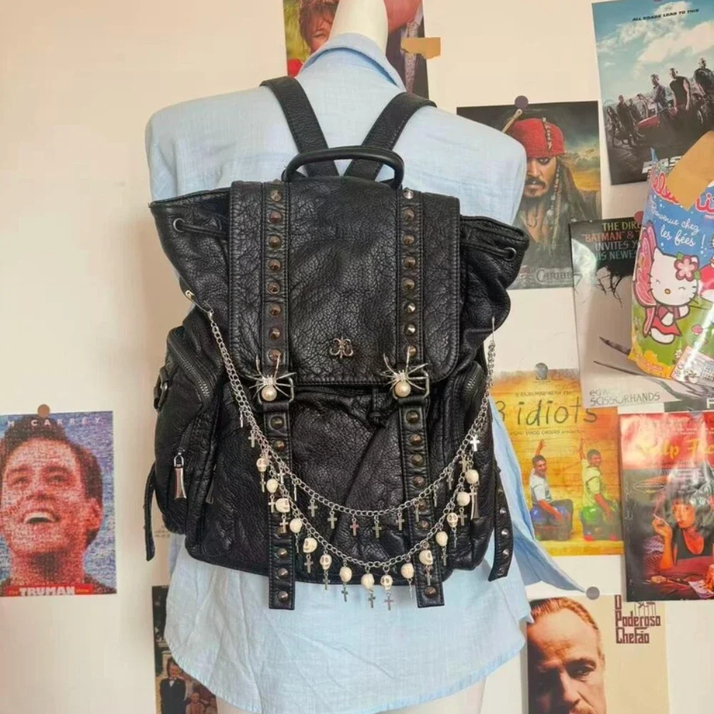 Goth Chain Daily Black Backpack Large Capacity Unisex Soft Punk Leather Backpack 15inch Laptop School Bag