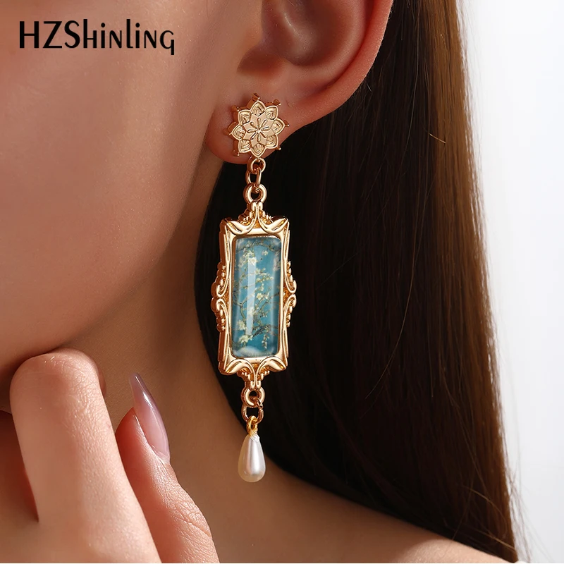 2024 New Van Gogh Paintings Drop Earring Starry Night Retro Rectangular Earrings Golden Mandala Charm Glass Cabochon Jewelry