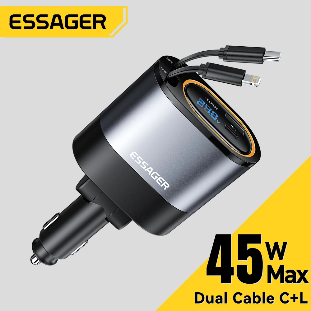 

Essager 45W Retractable Car Charger 4 in 1 USB C Fast Charging Car Cigarette Lighter Charger for iPhone 16 Xiaomi Huawei Samsung