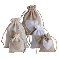 5pcs 8x10 10x14 13x18cm Heart Shape Print Linen Drawstring bags Small Jewelry Pouches Wedding Cotton Burlap Packaging Gift Bag