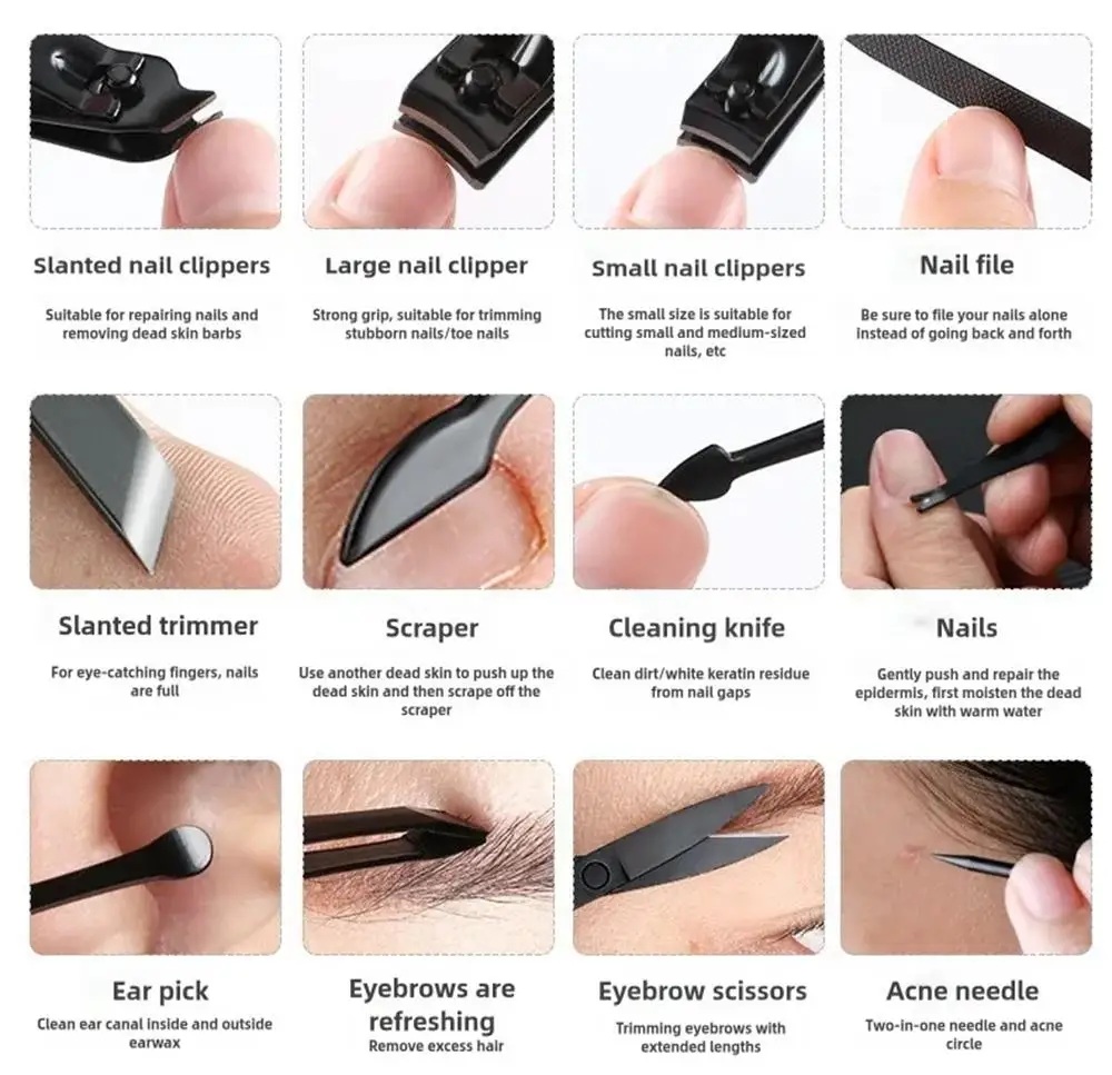Kit de aliciamento múltiplo de 12 peças para homens e mulheres – conjunto de cortador de unhas com navalha de sobrancelha, removedor de cera de ouvido, tesoura de cabelo do nariz