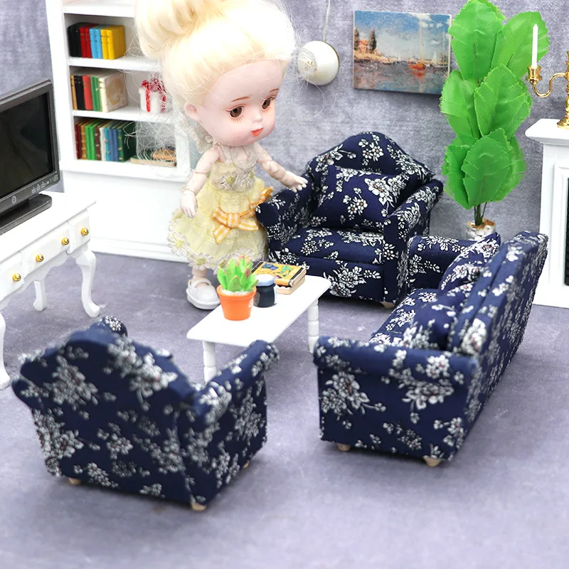 1:12 dollhouse dollhouse mini furniture model ob11 furniture blue cloth white flower sofa cover with pillow