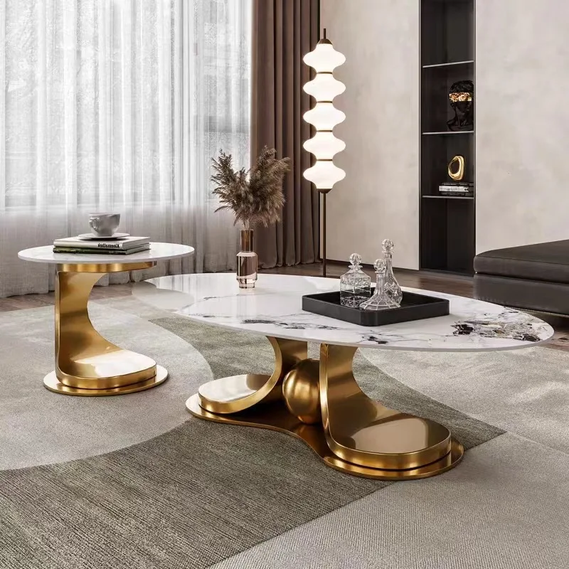 

Modern lightweight luxury oval coffee table stainless steel base household simple side table apartment living room furniture