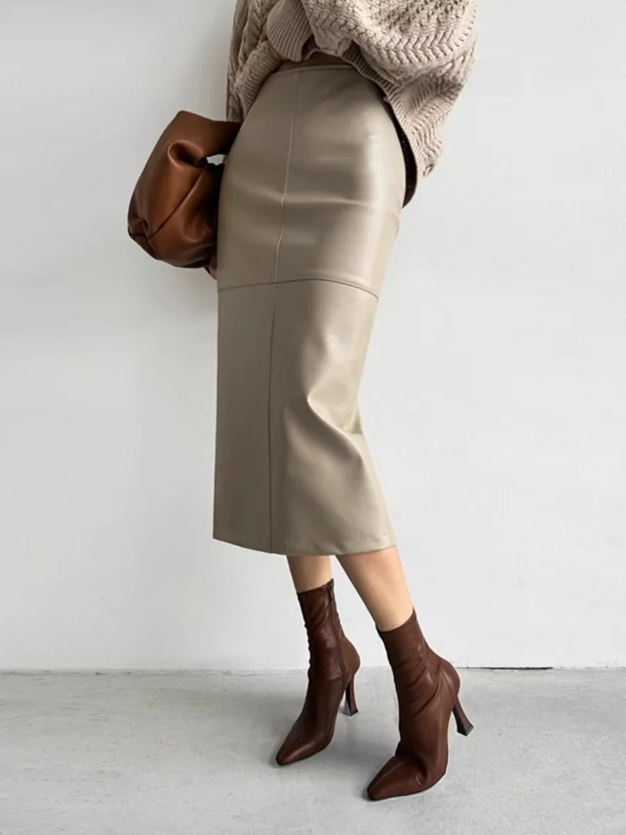 Elegant Slim Fit PU Leather Wrap around High Waist Skirt for Women Stylish Half Length Skirt Fashionable Casual Wear