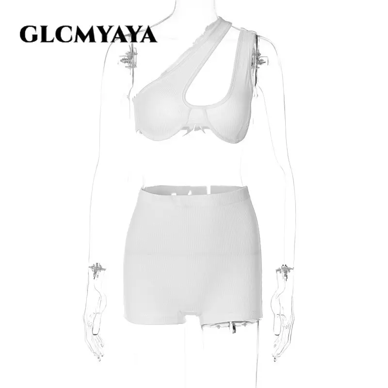 GLCMYAYA Casual Beach Style Women Skew Collar Hollow Out Backless Crop Tops Short Sets 2023 Sexy Sleeveless Solid 2 Piece Set