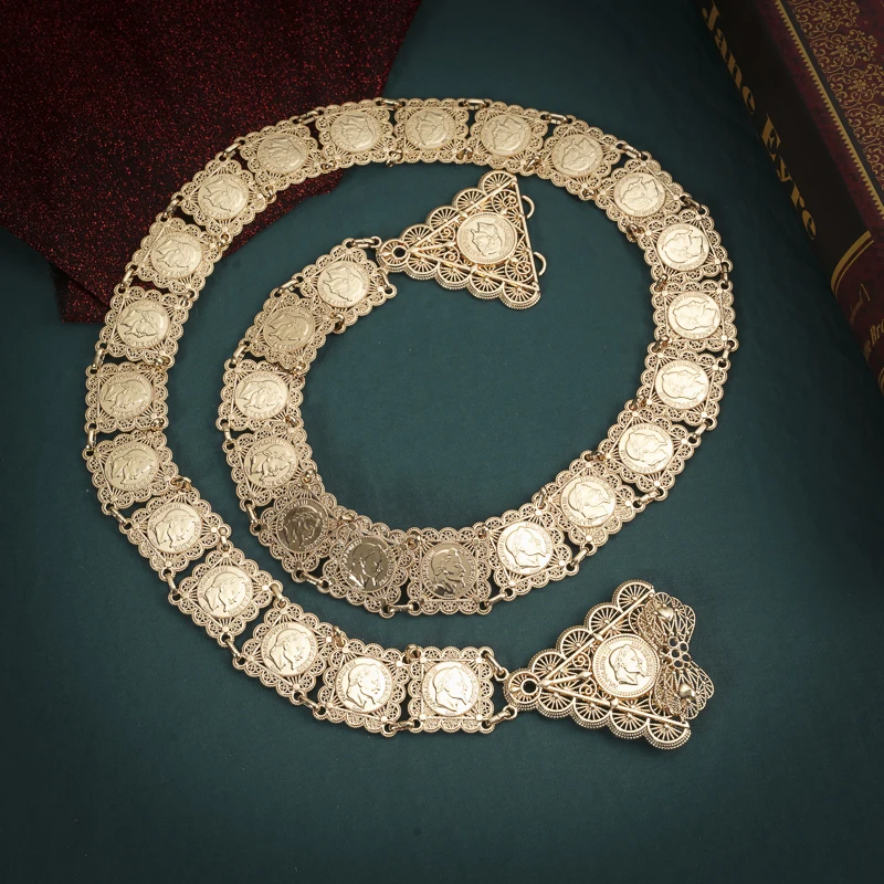 Gold Plated Napoleon Coin Belts Turkish Women Waist Chain Hollow Pattern Jewelry Chains Ethnic Belly Chains Birdal Body Jewelry