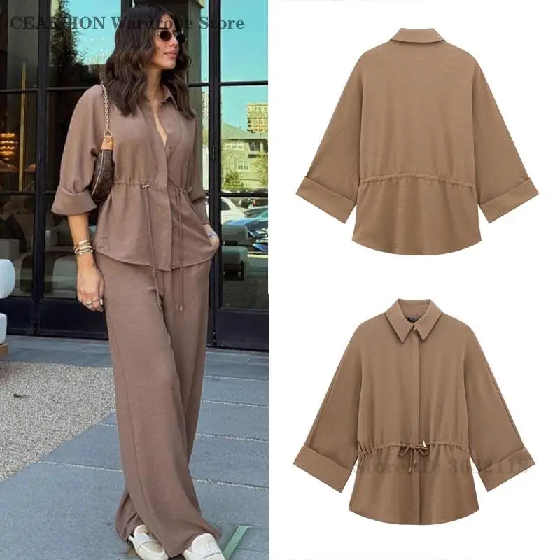 

Весенняя новая домашняя одежда, модная повседневная рубашка, свободные широкие брюки, женская уличная одежда, одежда для сна, брючные пижамы с длинными рукавами