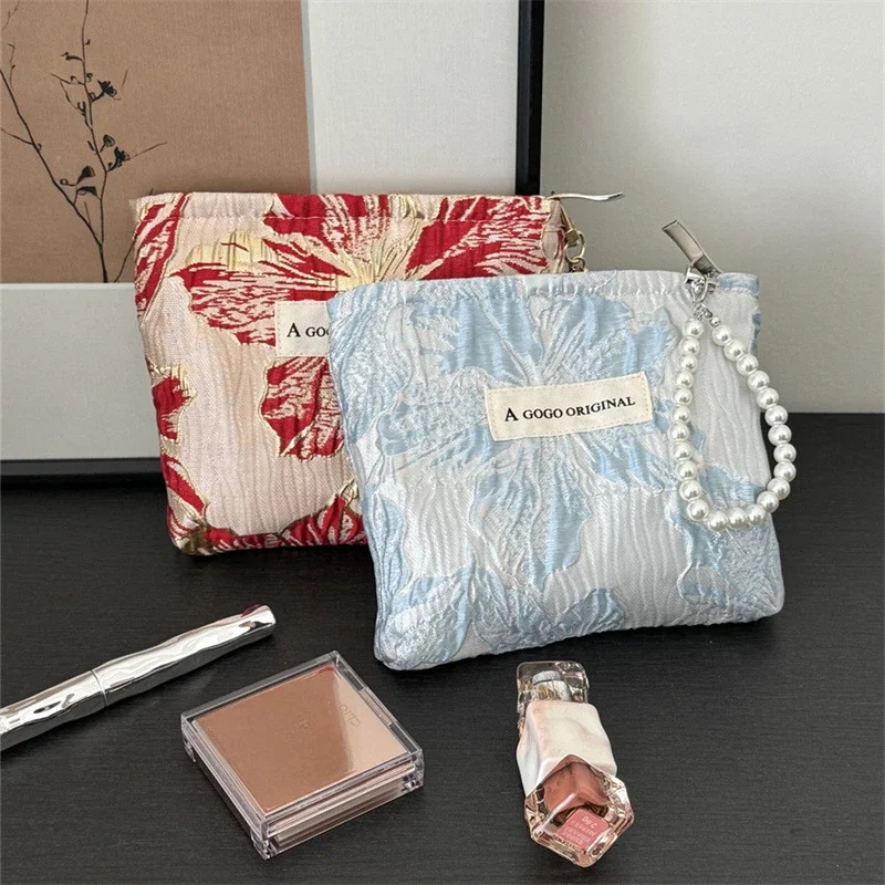 1 Piece Mini Portable Floral Makeup Case with Lanyard Fashion Exquisite Flower Small Makeup Bags for Women Lipstick Mirror Bag