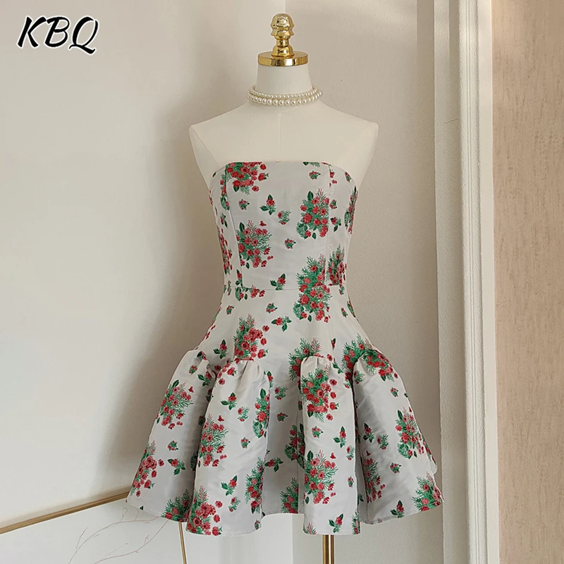 

KBQ Hit Color Printing Elegant Mini Dress For Women Strapless Sleeveless High Waist Temperament Dresses Female Fashion Style New