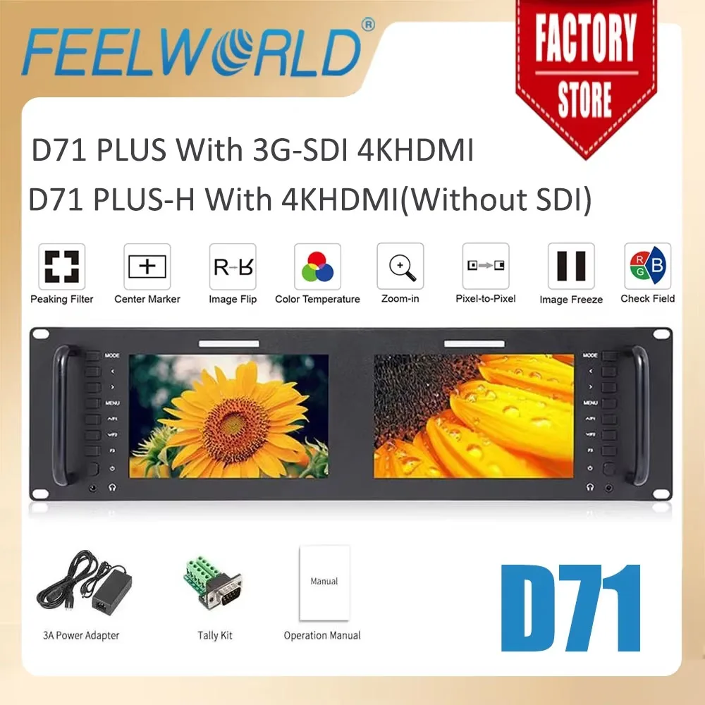 Feelworld Rack Mount Monitor D71 7 Inch IPS 3RU Camera LCD 3G-SDI HDMI Input Output 1280x800 Broadcast Level Quality Monitor