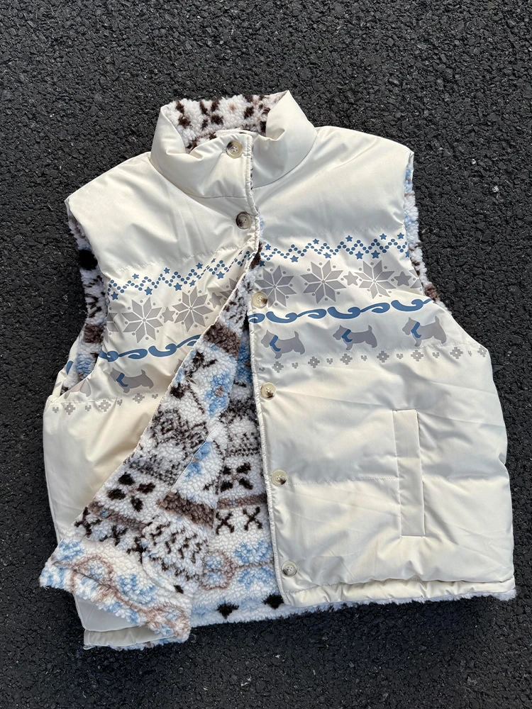 

Thickened Double-Sided Wear Lamb Fur Vest Warm Fleece Stand Collar Cotton Jacket Outerwear for Women Youth Fashion Style Wint...