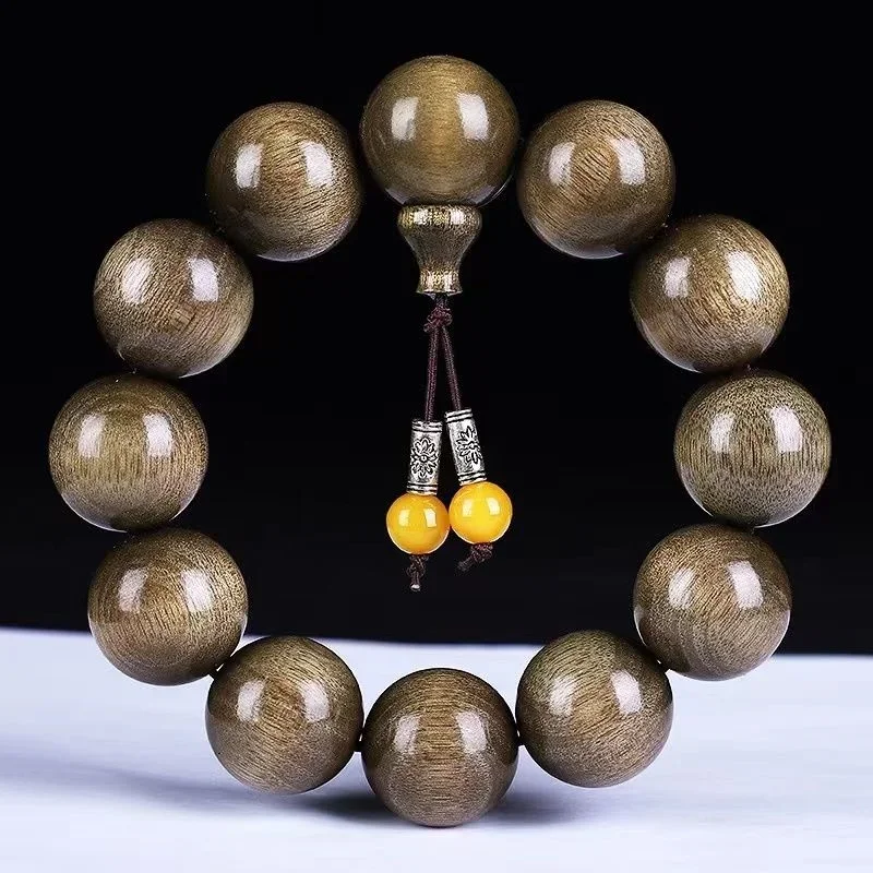 20mm Natural Skinny Nanmu Buddha Beads Bracelet Shady Wood Water Ripple Rosary Beads Leaflet Rosewood Meditation Beads Bracelet