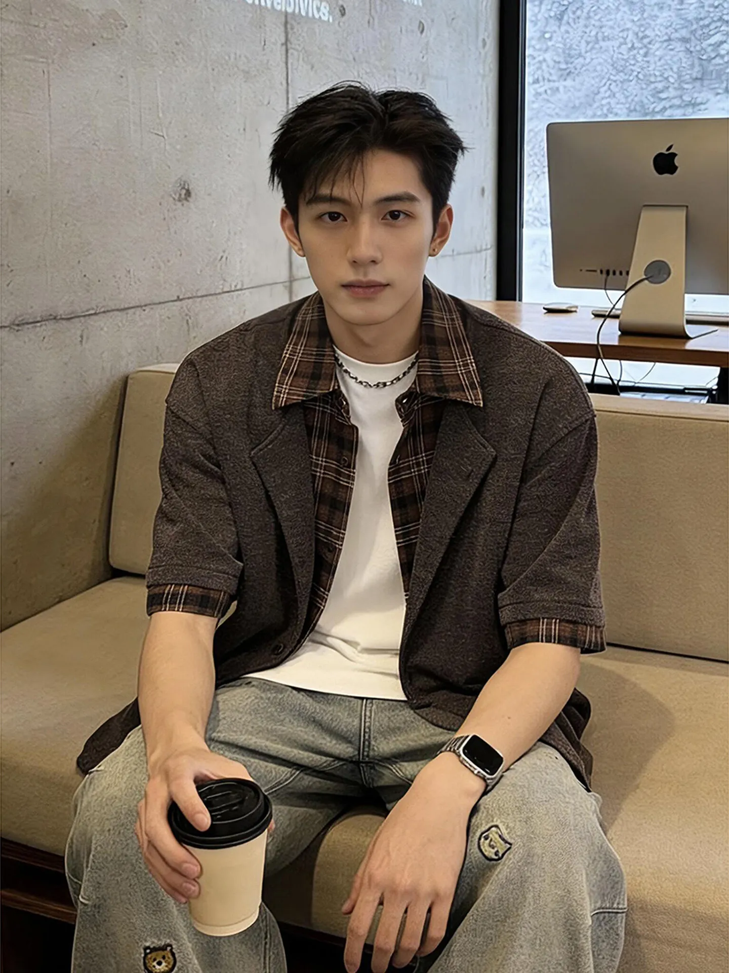 

Men's Plaid Splice Short Sleeve Knitted Shirt Casual Loose Fit Summer Fashion Outerwear Four-Eight Piece Fake Two-Piece Shirt