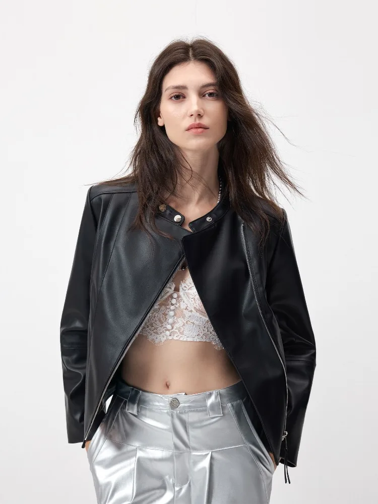 

Natural Sheepskin Jacket Women Street Locomotive Stand Collar Genuine Leather Jacket Short Style Slim Top Small Leather mujer