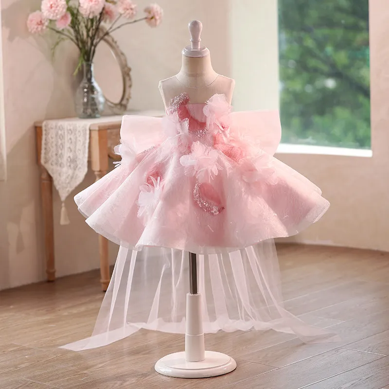 KLFLGD Luxury and elegant girls' beauty pageant dress, pink flower girl wedding trailing dress, graduation ball evening dress