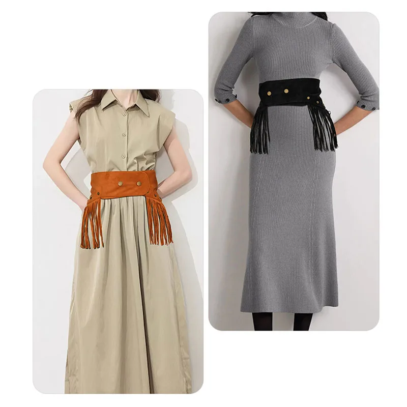 Fashion Wide Waist Belt for Women Black Suede Tassel Wrap Around Obi Boho Corset Cincher Waistband Dress Belt корсет готический
