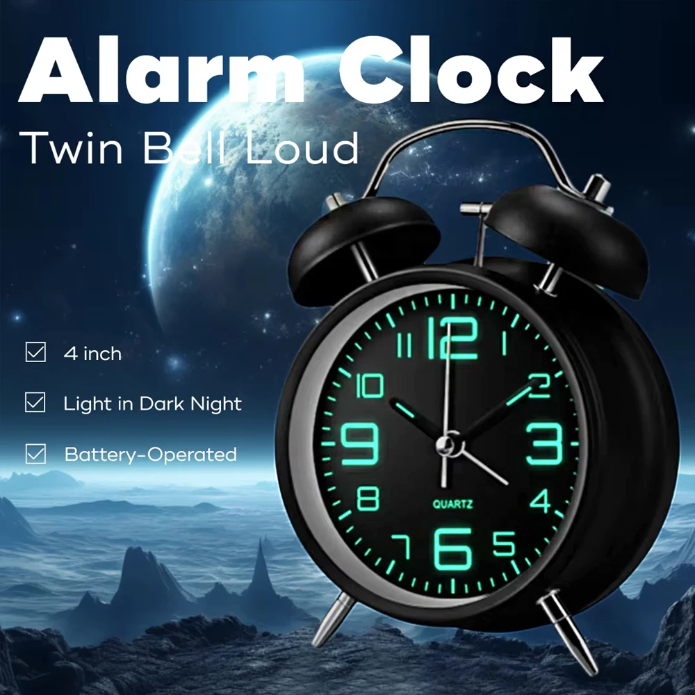 

4 Inch Luminous Alarm Clock Metal Frame Twin Bell Loud Volume For Student To Wake Up Bedside Table Clock For Home And Office