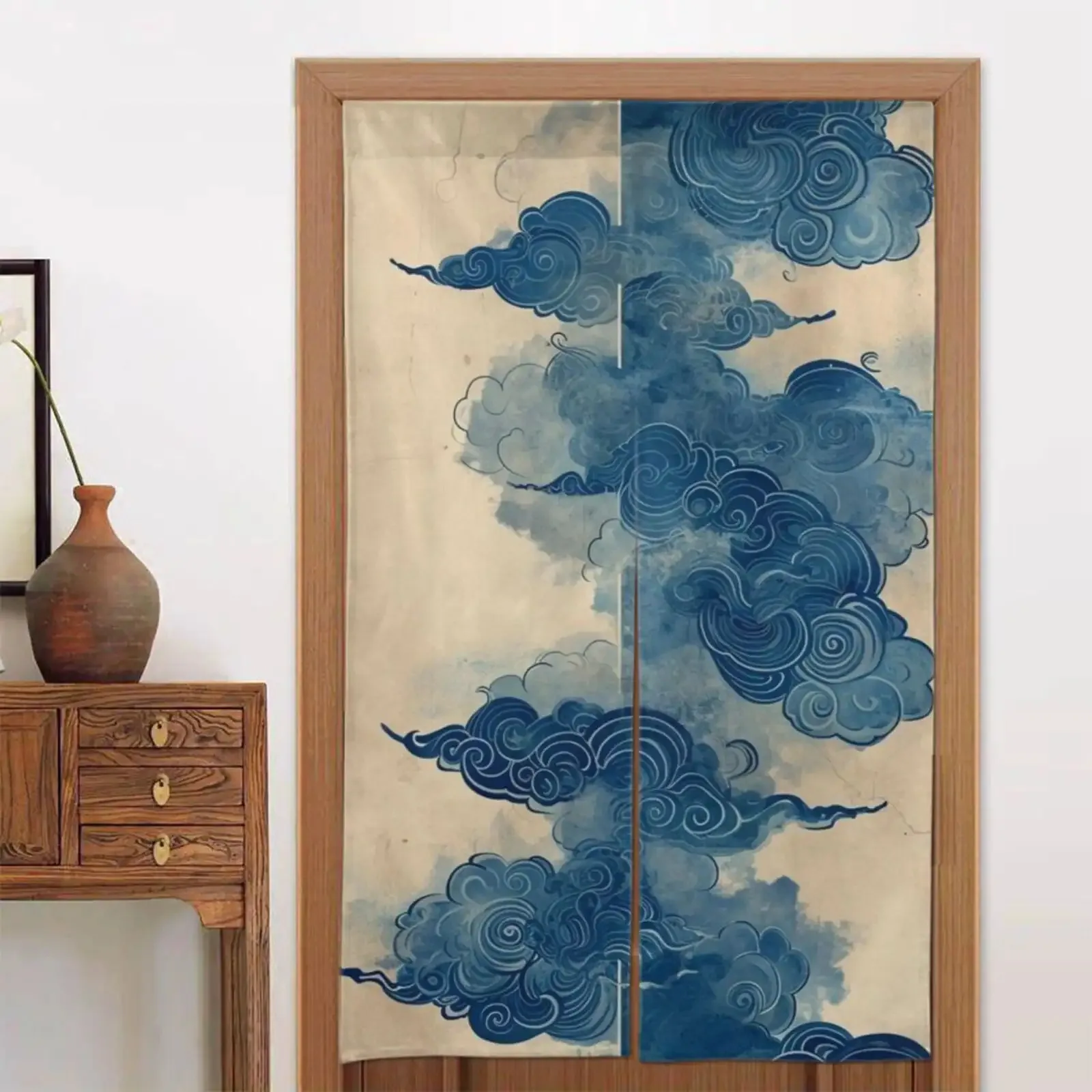 Blue White Cloud Pattern Chinese Screen Curtain Room Divider Panel Traditional Asian Feng Shui Art Polyester Fabric for Window D