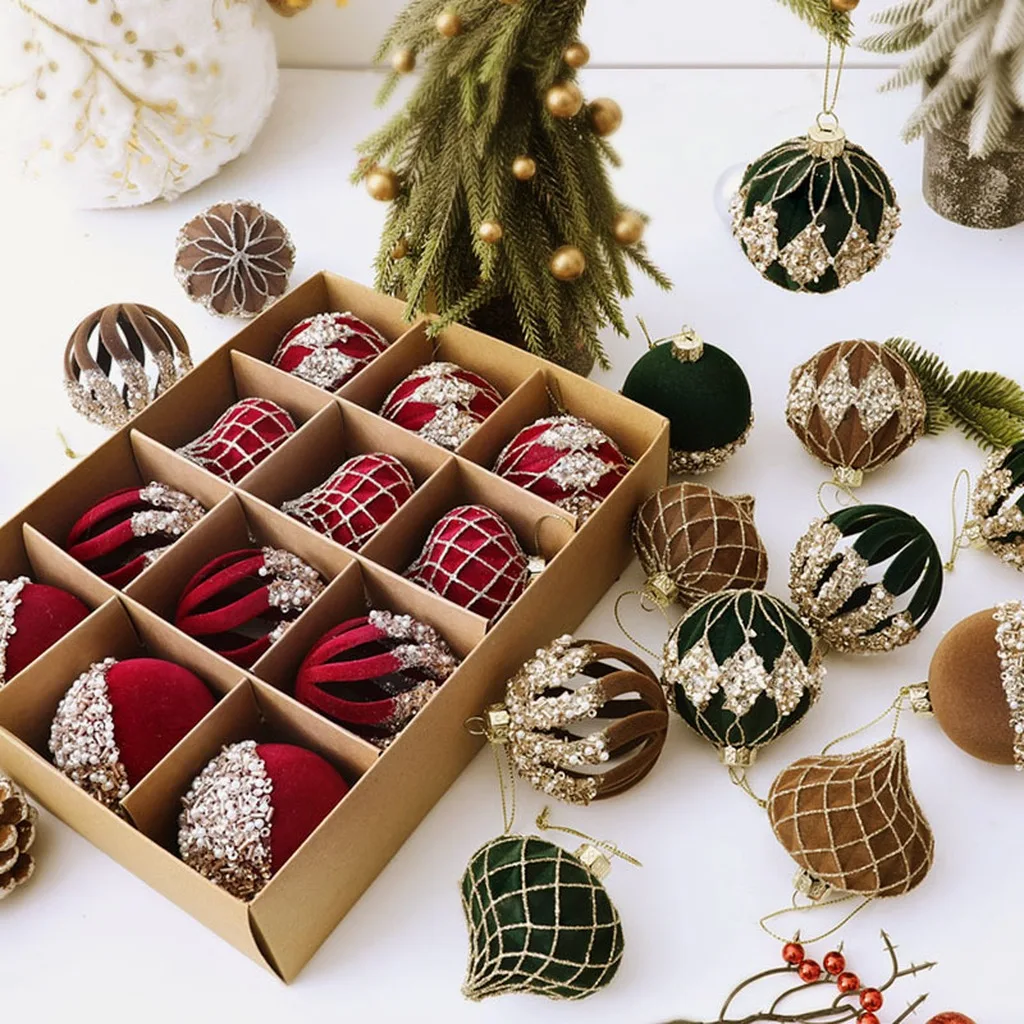 6cm Flocked Christmas Ball Ornaments 12 Pack Rhinestone Embellished Hanging Balls for Christmas Tree Holiday Decoration
