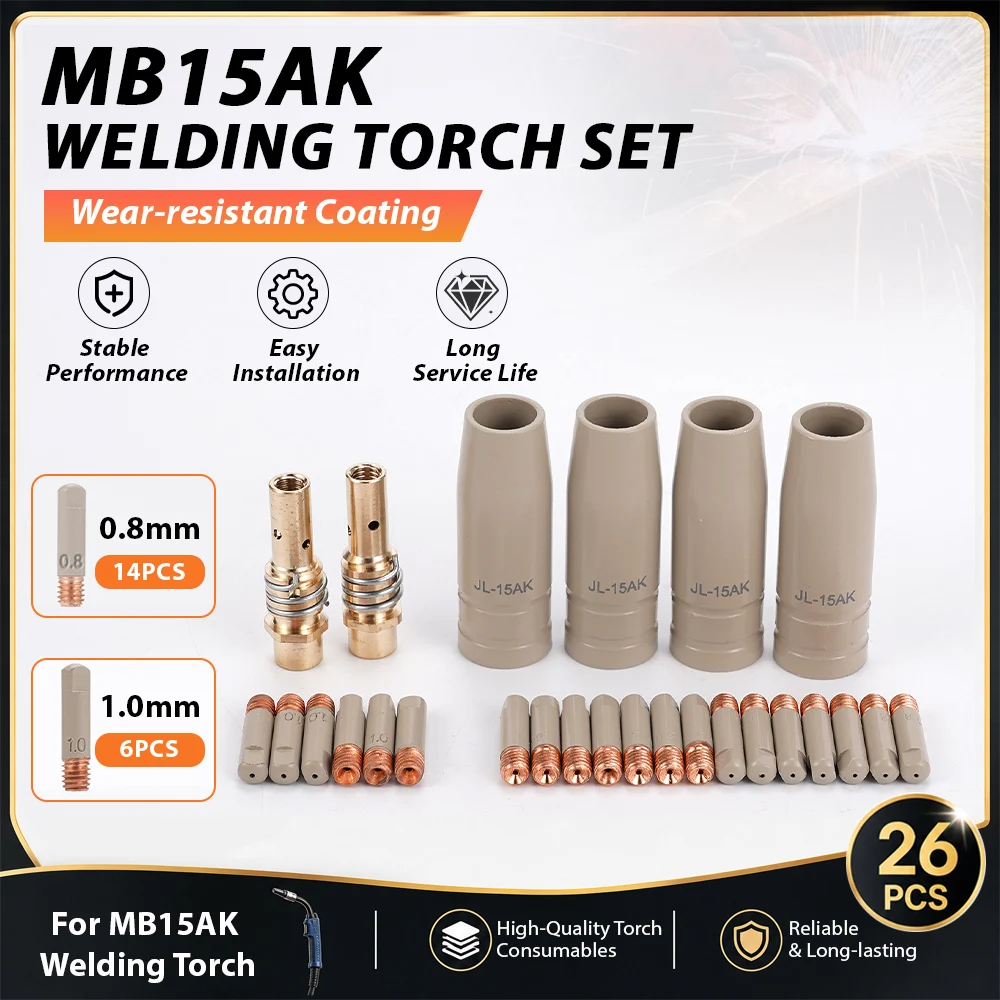 MB15AK 15AK MIG Welder Consumables Kit 26PCS 0.8mm 1.0mm Pure Copper Contact Tips Nozzles Diffusers for CO2 Welding Construction