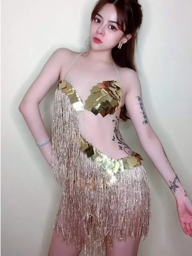 ساطع الذهب الترتر بيكيني الرسن عارية الذراعين الجوف خارج مثير شرابة فستان المرأة حفلة موسيقية القطب الجاز القماش المرحلة المغني الرقص زي #5