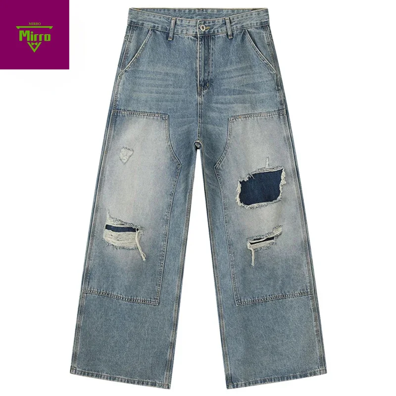 

Винтажные мешковатые джинсы, рваные лоскутные синие свободные прямые джинсовые брюки, мужская уличная одежда, джинсы в стиле Харадзюку в стиле хип-хоп, брюки