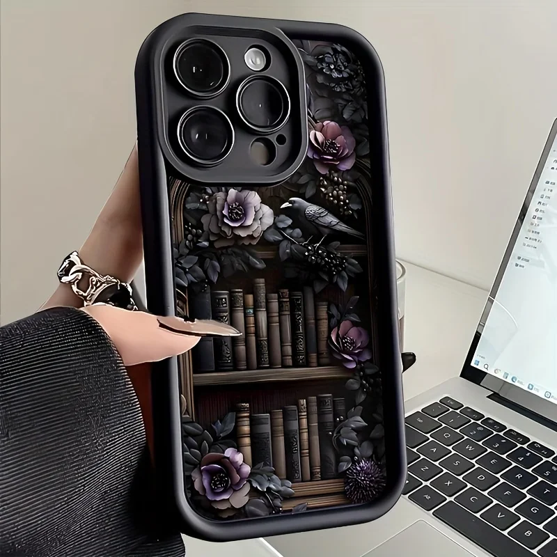 

Bookshelf with crow pattern phone case for iPhone 17 16 15 14 13 12 11 Pro/ Max/Plus shock-proof rear cover anti-fingerprint