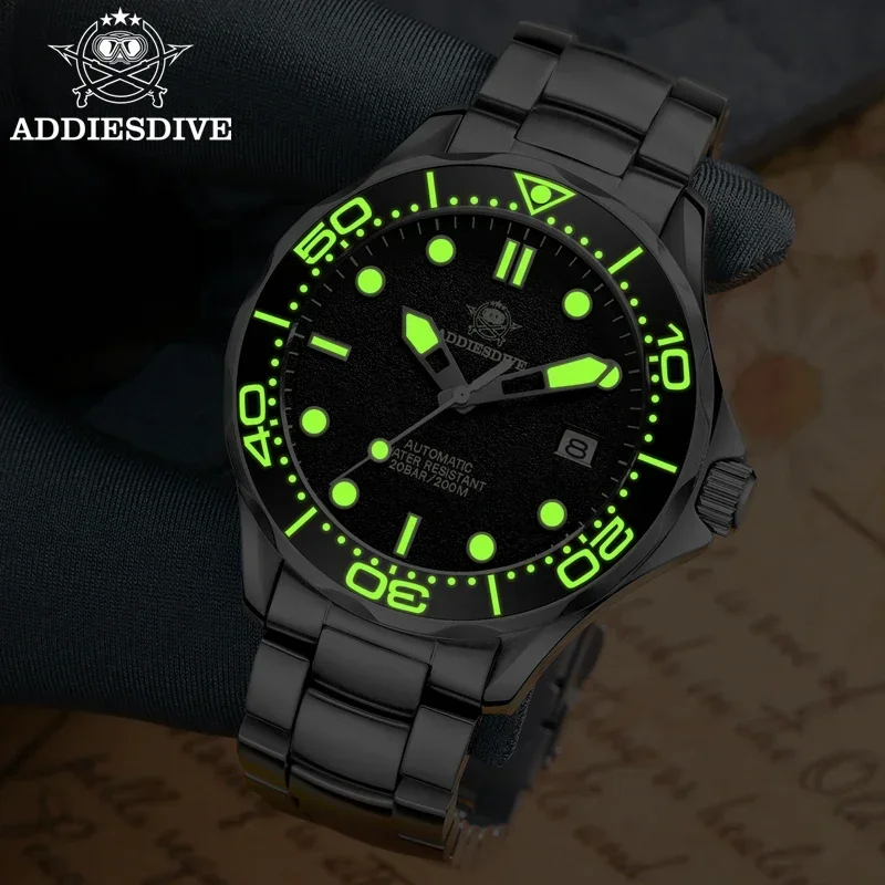 ADDIESDIVE Relógio Mecânico Automático Masculino, Aço Inoxidável, Safira Cristal, Impermeável, Luminoso, Relógios de Mergulho de Luxo, AD2106, 200m