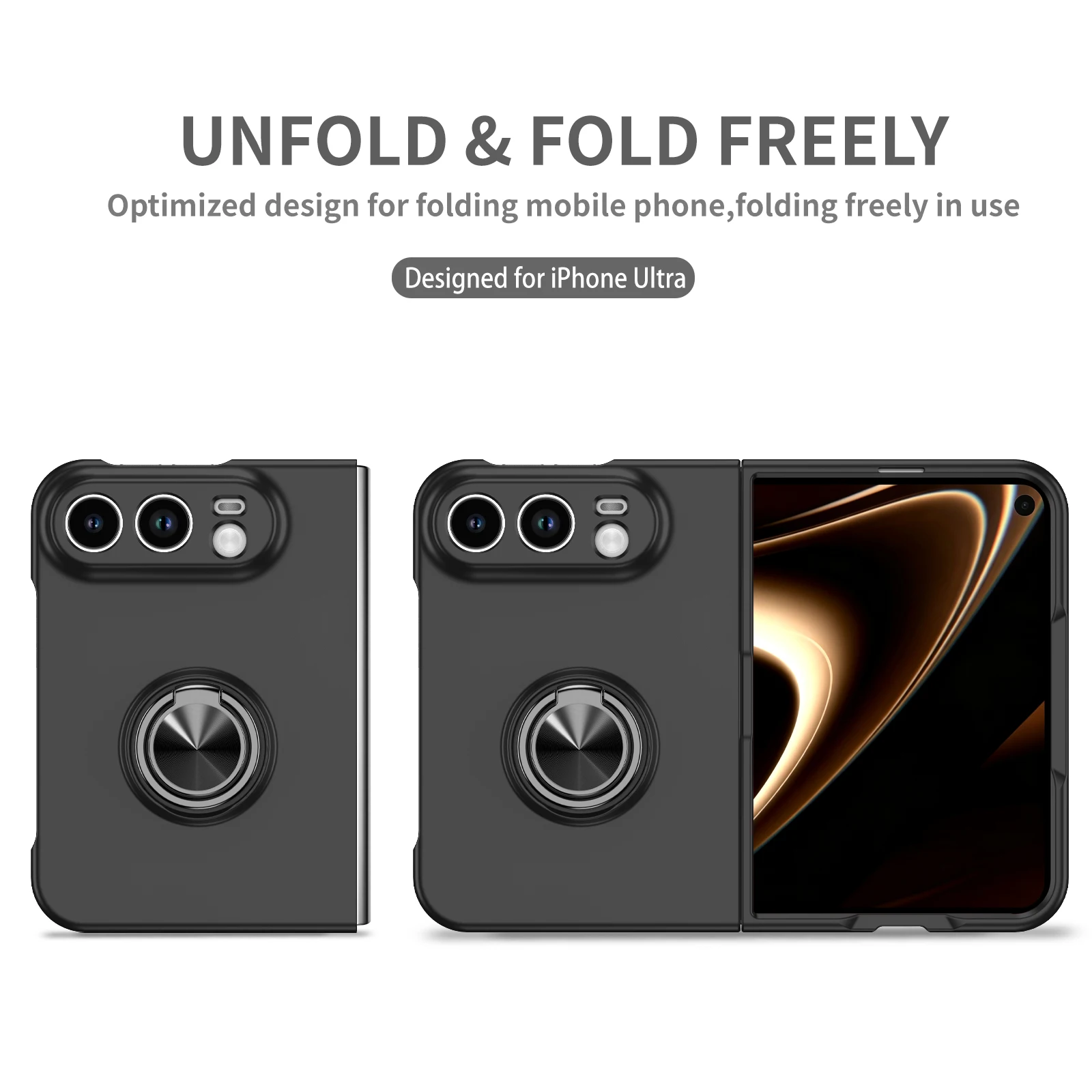 Für iPhone Duo iPhone18 Fold 360 °   Magnetischer Ringhalter Handyhülle mit Scharnierschutz, Linsen-Schutz, Kratzfester PC-Stoßfester Schutz