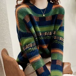 Suéter vintage listrado feminino, macacão de malha casual solto com decote em O, moda coreana, cores contrastantes, roupas de outono e inverno