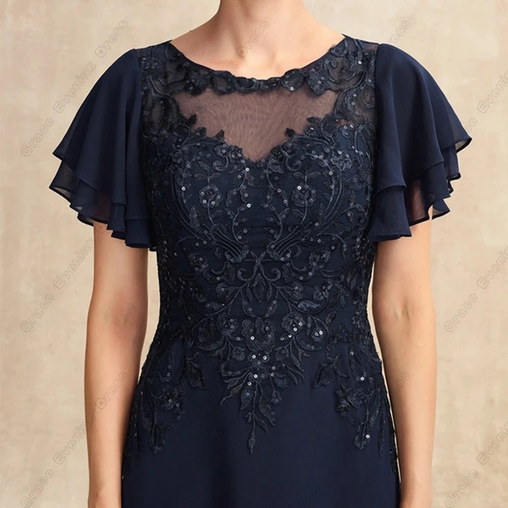 Dark Navy Short Sleeve Mother of Bride Dresses for Women Scoop Wedding Party Gown with Lace Beach Jersey Vestido De Noche 2023