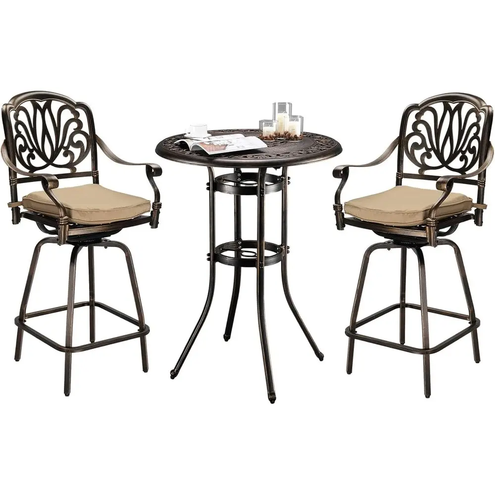 

Outdoor 3-Piece Bar Set with Swivel Stools, Table, and Umbrella Hole, Weather-Resistant Cushioned Bar Chairs for Patio or Balcon