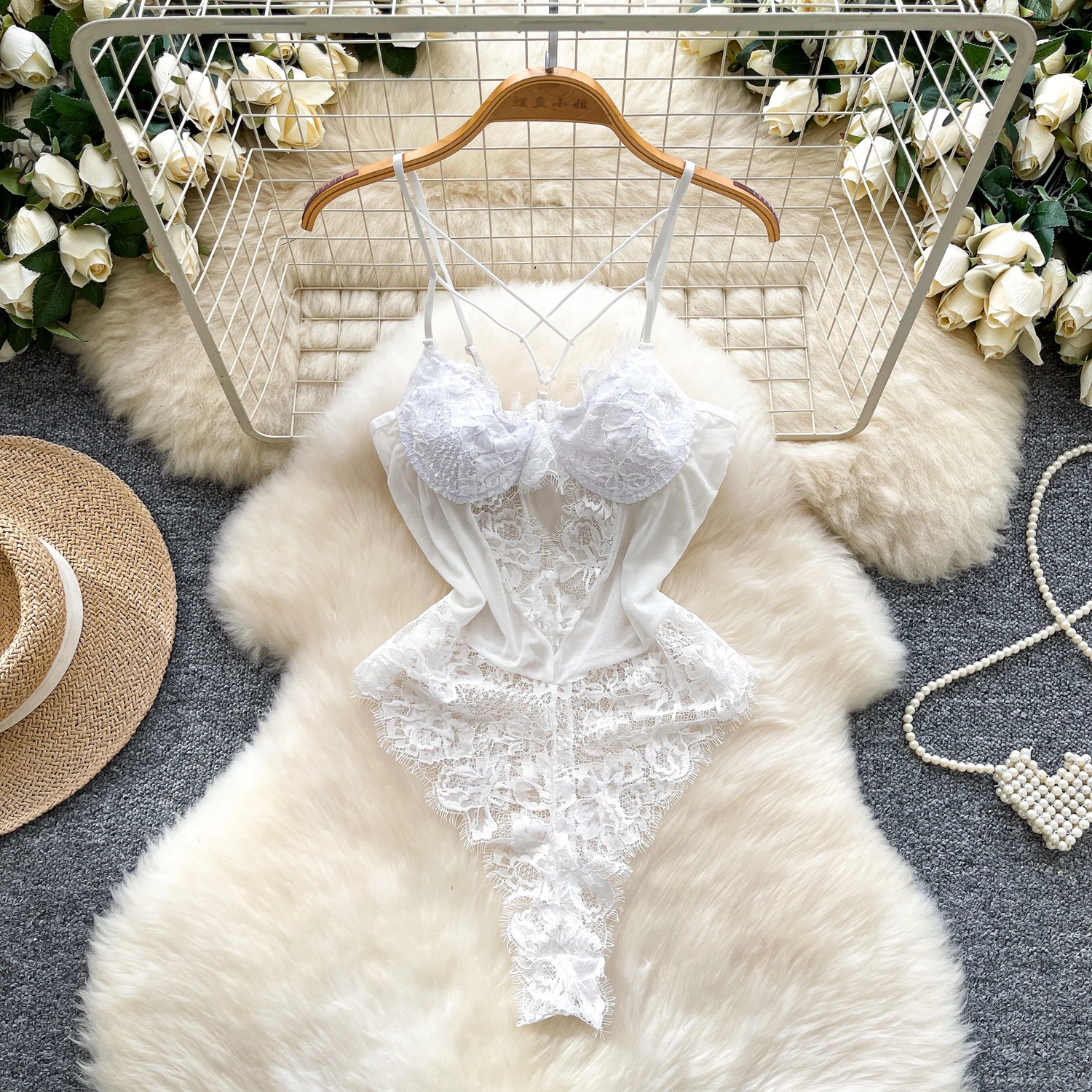 Women Hotsweet Spliced backless halter slim  Vintage Straps Bodysuits Chic lace Jumpsuits Slim Top Clothing