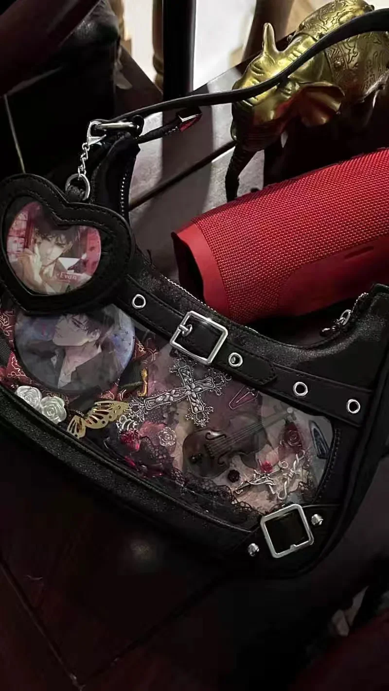 Tas Ita Hitam Gotik dengan Pesona Hati, Tas Bahu Tampilan Jendela Bening untuk Pin Anime, Gantungan Kunci, Hadiah Otaku