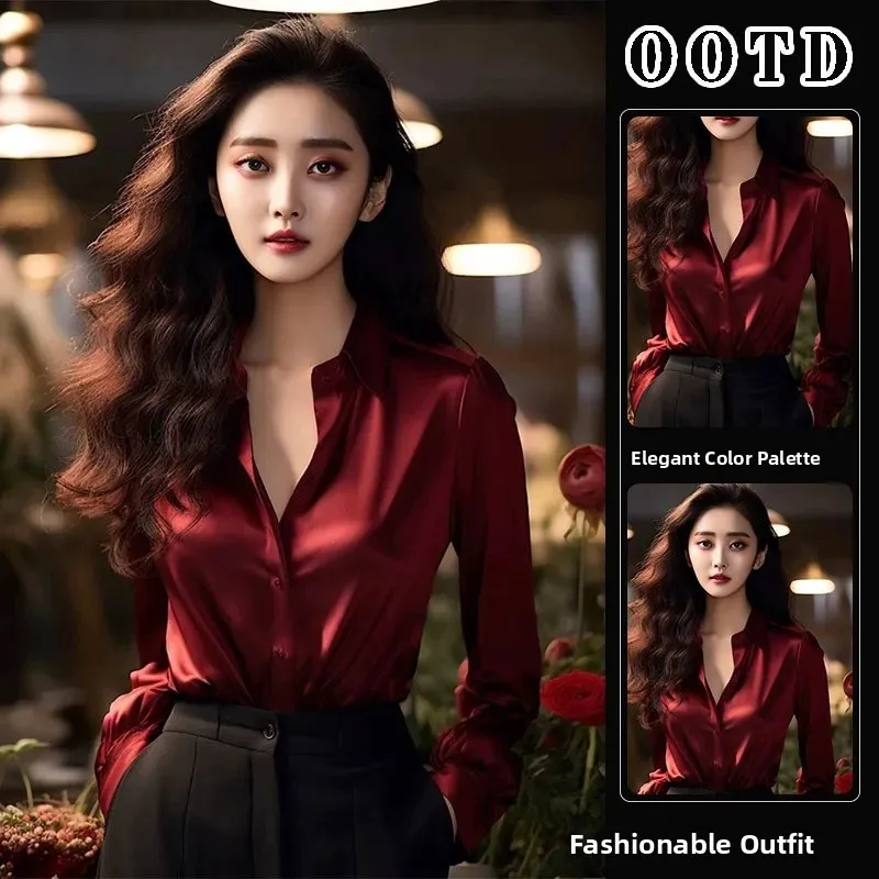 

Красная женская модная блузка Sli Inner Wear для весеннего сезона, свободного кроя, с длинными рукавами и пуговицами, для повседневной носки.