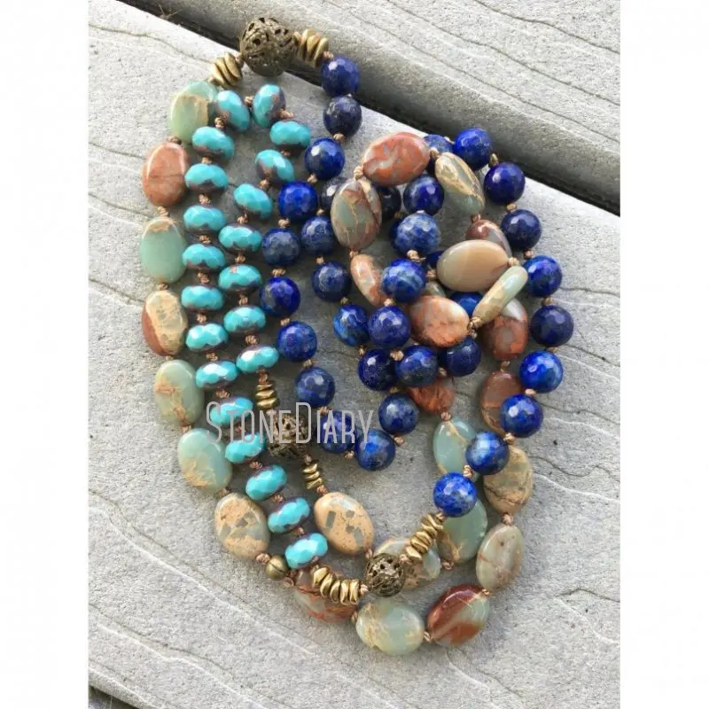 

NM20375 Raw Stone Snakeskin Jasper Lapis Lazuli Turquoise Necklace Hand Knotted Long Beaded Layering Necklace Bohemian Necklace