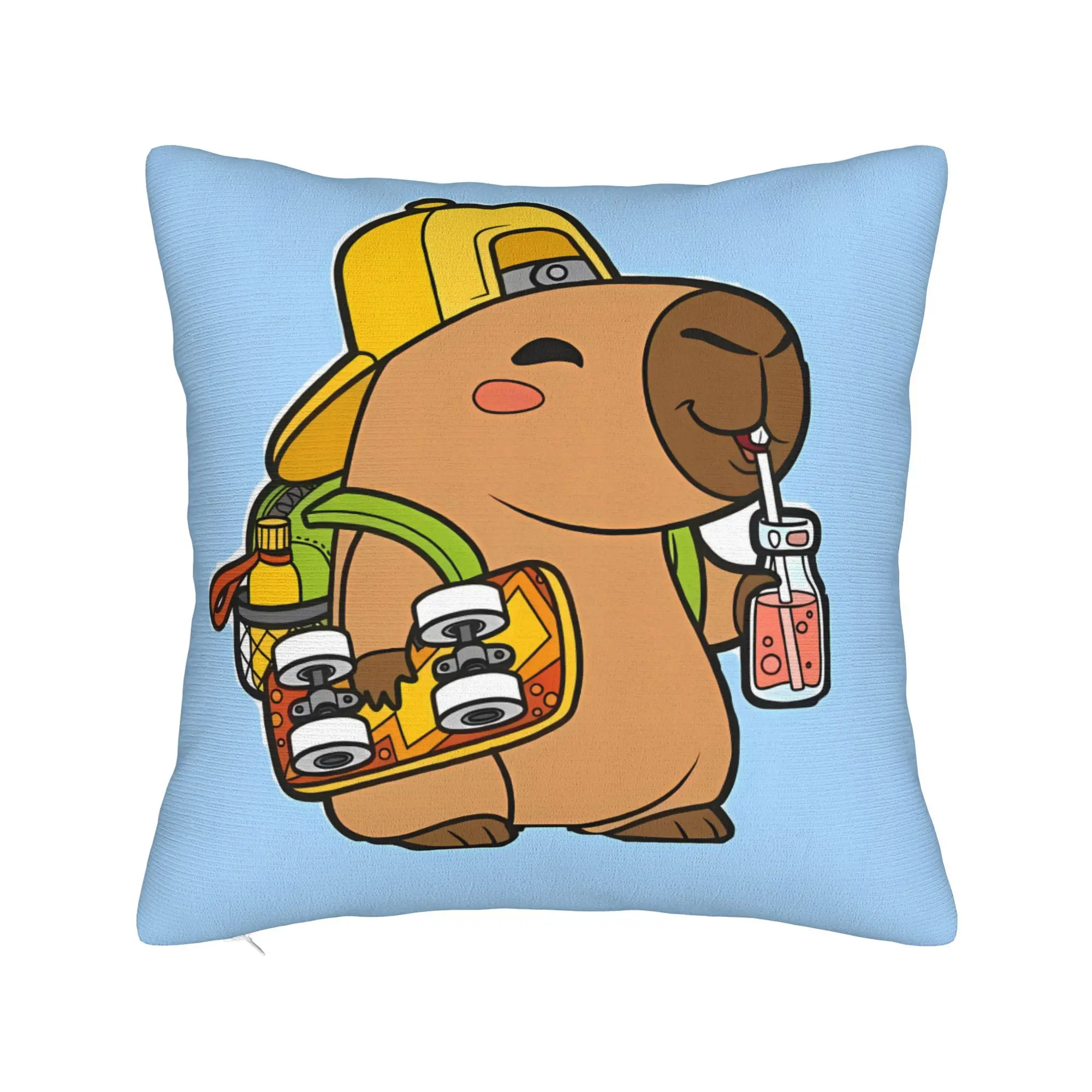 1pcs Short Plush Cartoon Capybara with Cap Skateboard & Drink Pillow Cover 18x18 Inch Double Sided Print
