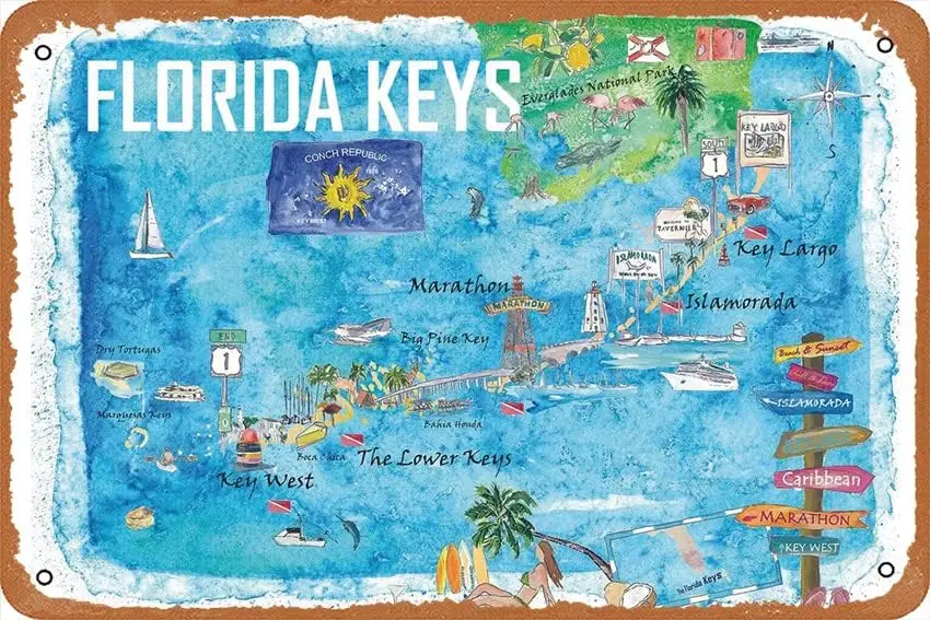 Florida Keys Key West Marathon Key Largo Illustrated Travel Poster Favorite Map 2Nd Signpost Edition Poster Vinatge Rusty Tin Si