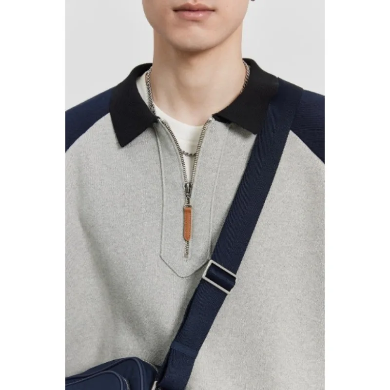 Camisola com zíper jaqueta de malha outono inverno novo estilo bloco de cores pulôver estilo coreano gola casual moda versátil topo