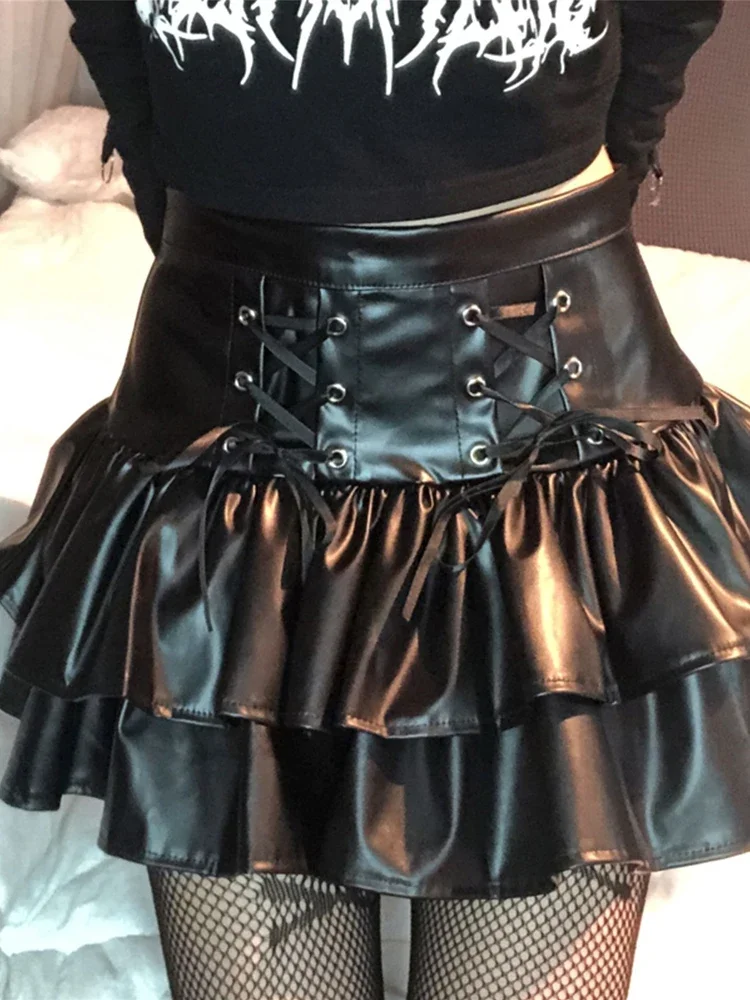 INSCUT-Mall Goth Pu Skirt Feminina, Y2K, Fairycore, Grunge, Cintura Alta, Cordões, Espartilho, Bolo, Streetwear, Emo Indie, Roupa de Clubes, 2021