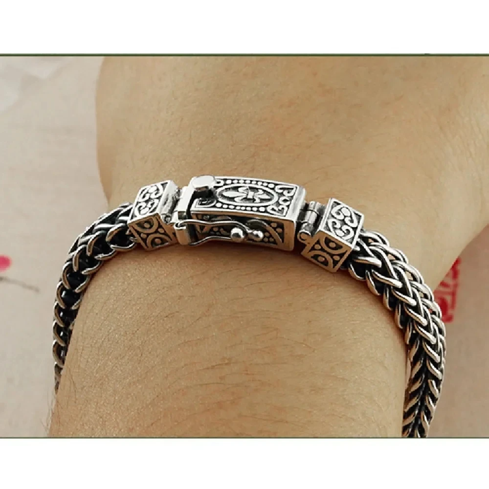 S925 Sterling Silver Charm Bracelets 2023 Popular Retro Totem Double Row Woven-Chain Pure Argentum Amulet Jewelry for Men Bangle